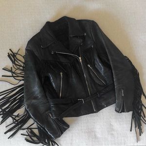 VINTAGE 60s Genuine Black Leather Motorcycle Jacket w/Fringe sz M Harley patch
